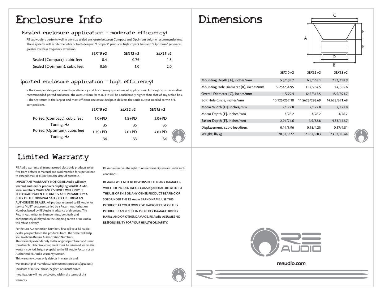 Dimensions, Enclosure info, Limited warranty | RE Audio SEX v2 series User Manual | Page 2 / 2