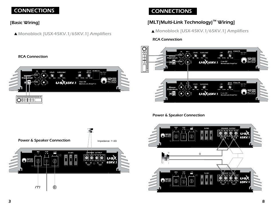 Connections, Mlt(multi-link technology), Wiring | RE Audio USX series User Manual | Page 4 / 6