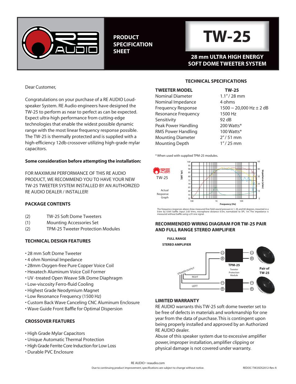 RE Audio TW-25 User Manual | 1 page