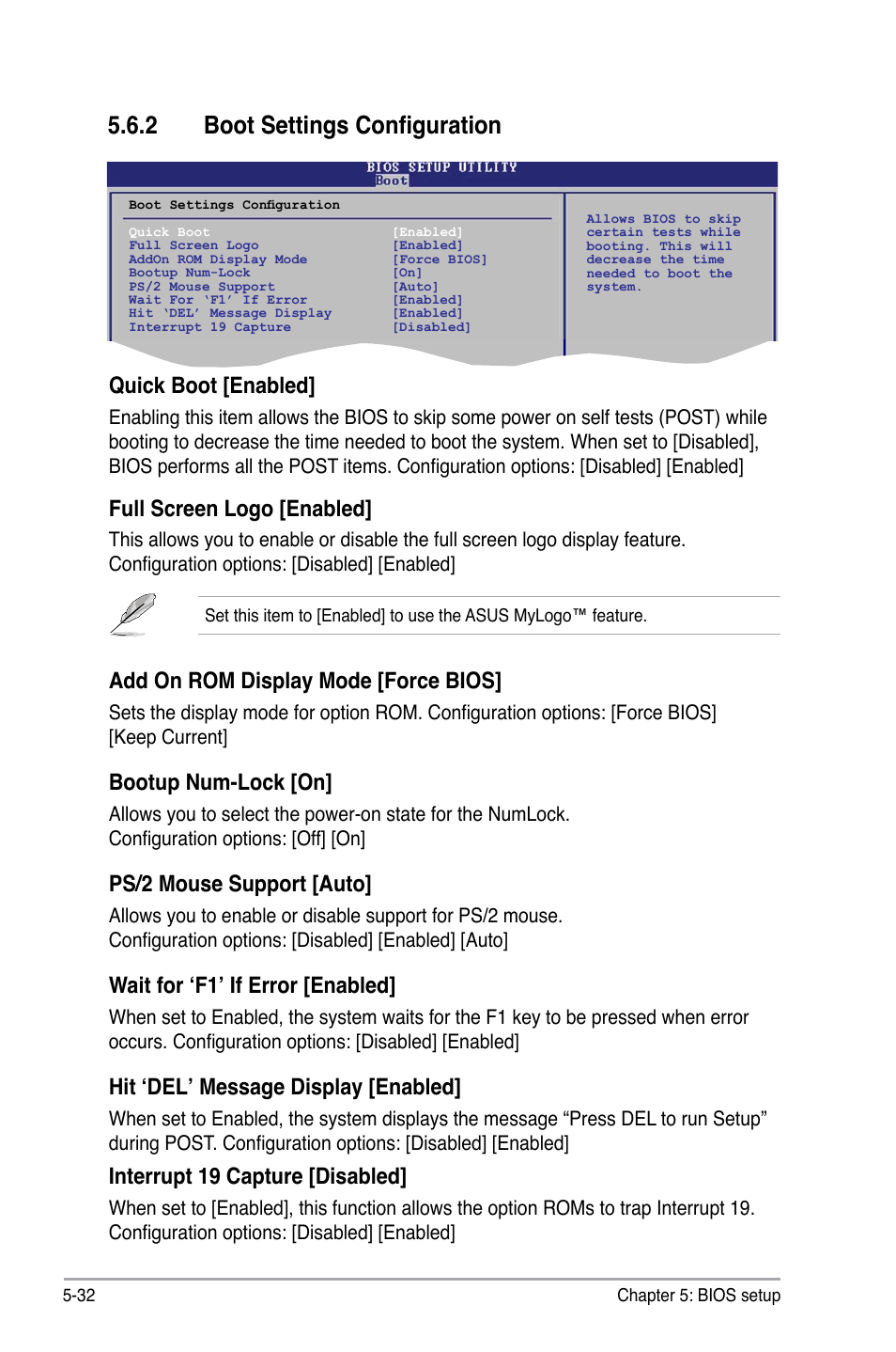 2 boot settings configuration, Full screen logo [enabled, Add on rom display mode [force bios | Bootup num-lock [on, Ps/2 mouse support [auto, Wait for ‘f1’ if error [enabled, Hit ‘del’ message display [enabled, Quick boot [enabled, Interrupt 19 capture [disabled | Asus V3-M2NC61P User Manual | Page 100 / 104