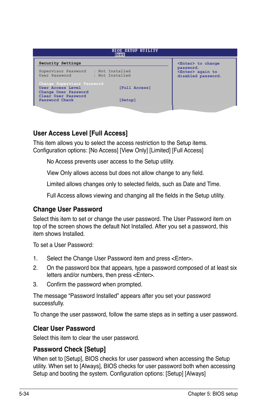 User access level [full access, Change user password, Clear user password | Password check [setup | Asus V3-M2NC61P User Manual | Page 102 / 104