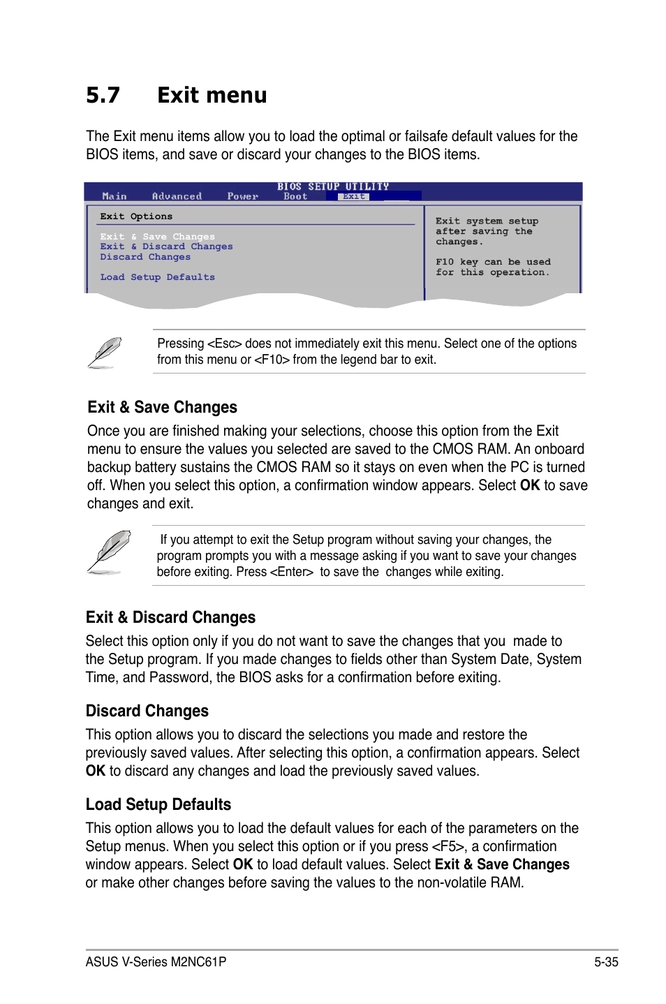 7 exit menu, Exit & discard changes, Discard changes | Load setup defaults, Exit & save changes | Asus V3-M2NC61P User Manual | Page 103 / 104