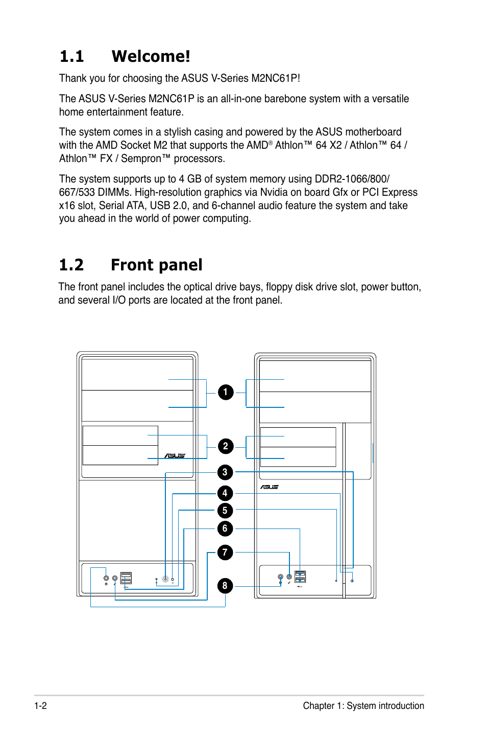 1 welcome, 2 front panel | Asus V3-M2NC61P User Manual | Page 12 / 104