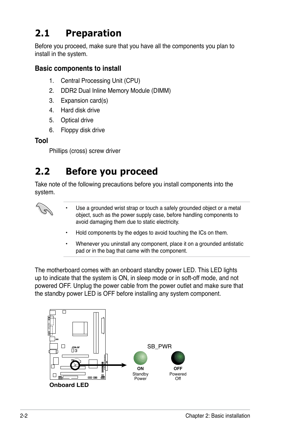 1 preparation, 2 before you proceed, Basic components to install | Tool | Asus V3-M2NC61P User Manual | Page 20 / 104