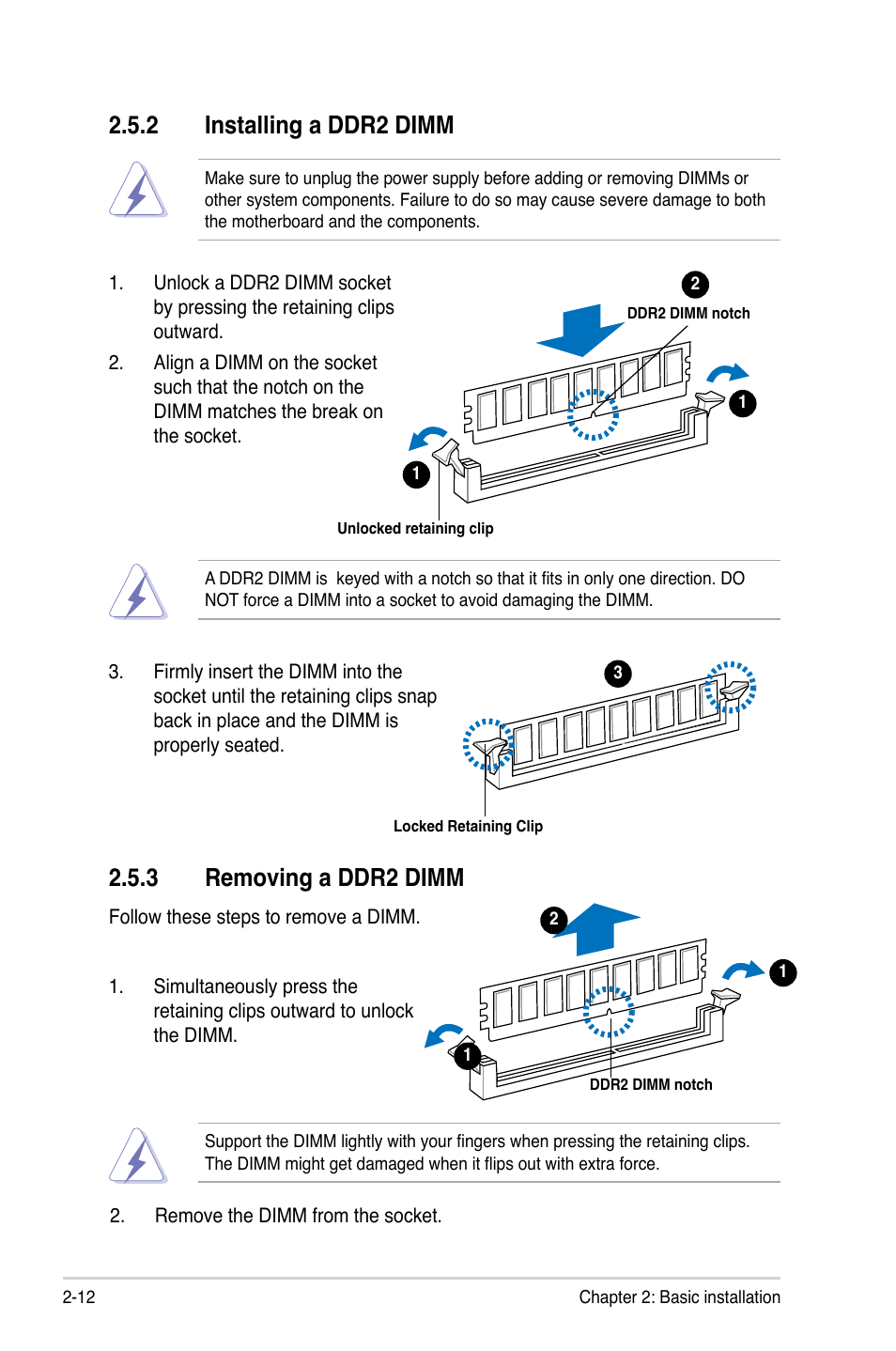 3 removing a ddr2 dimm, 2 installing a ddr2 dimm | Asus V3-M2NC61P User Manual | Page 30 / 104