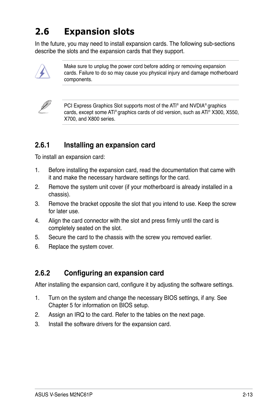 6 expansion slots, 1 installing an expansion card, 2 configuring an expansion card | Asus V3-M2NC61P User Manual | Page 31 / 104