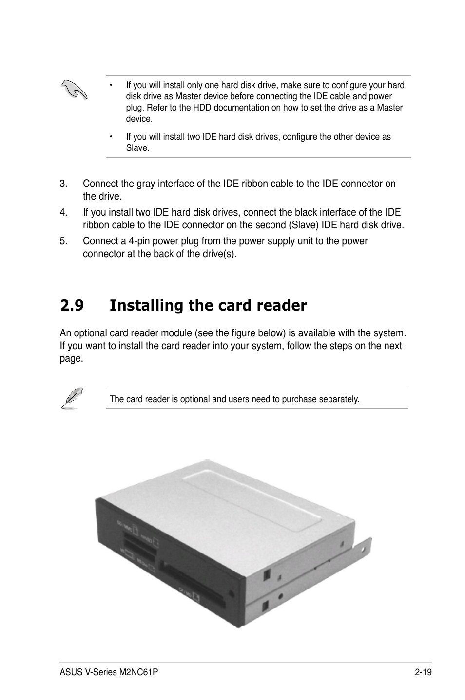 9 installing the card reader | Asus V3-M2NC61P User Manual | Page 37 / 104