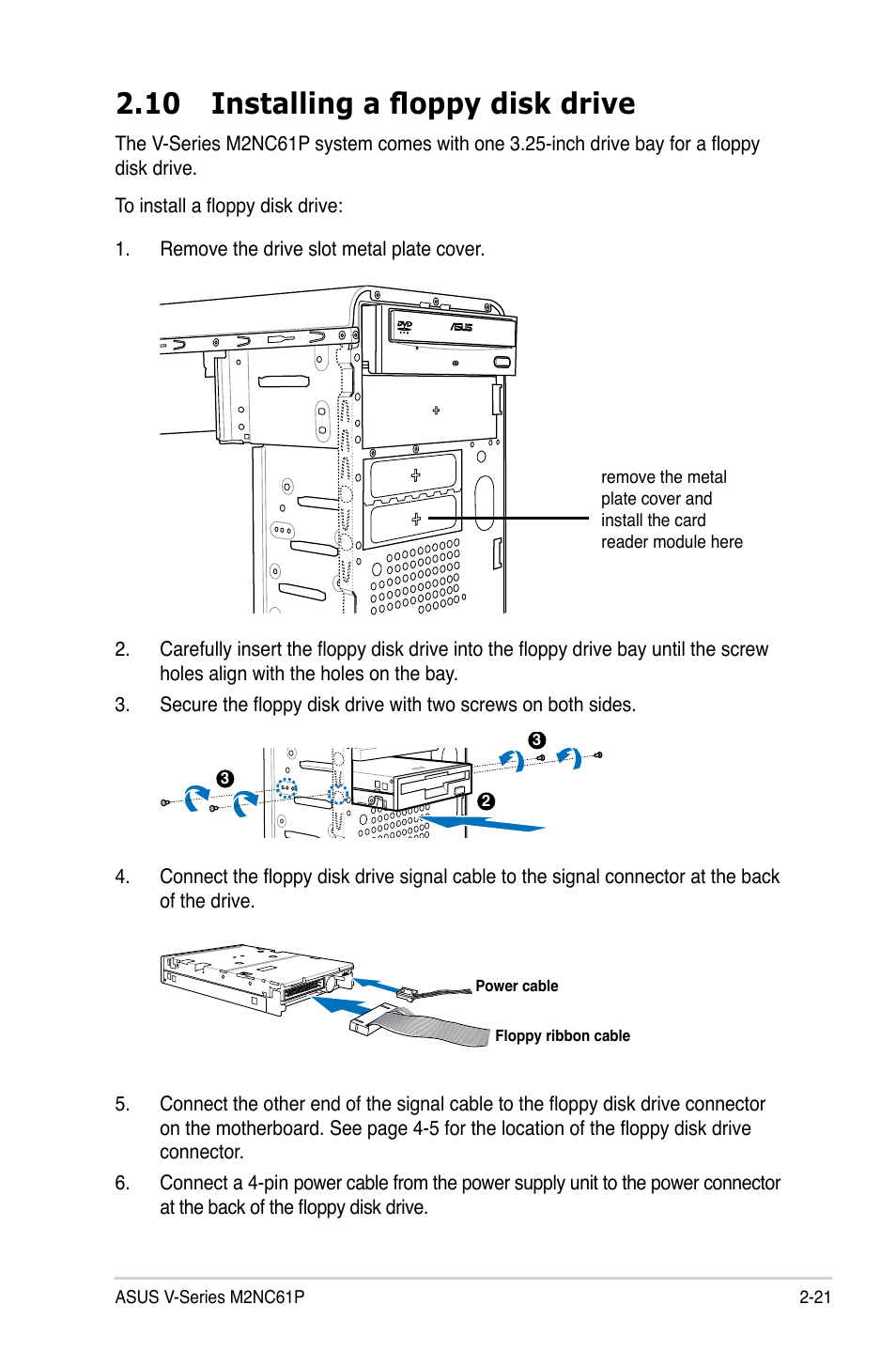 10 installing a floppy disk drive | Asus V3-M2NC61P User Manual | Page 39 / 104