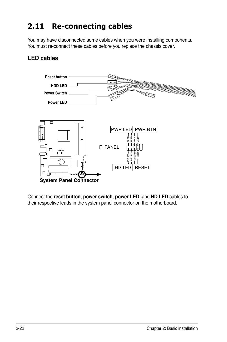 11 re-connecting cables, Led cables, System panel connector | 22 chapter 2: basic installation, F_panel, Hd led reset pwr led pwr btn | Asus V3-M2NC61P User Manual | Page 40 / 104