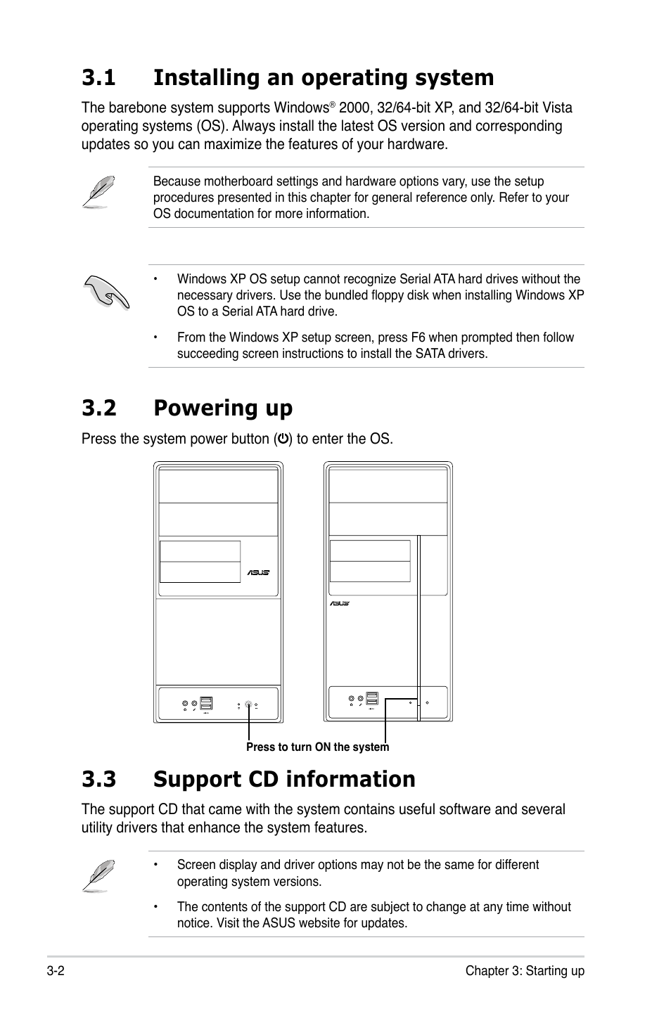 1 installing an operating system, 3 support cd information, 2 powering up | Asus V3-M2NC61P User Manual | Page 44 / 104