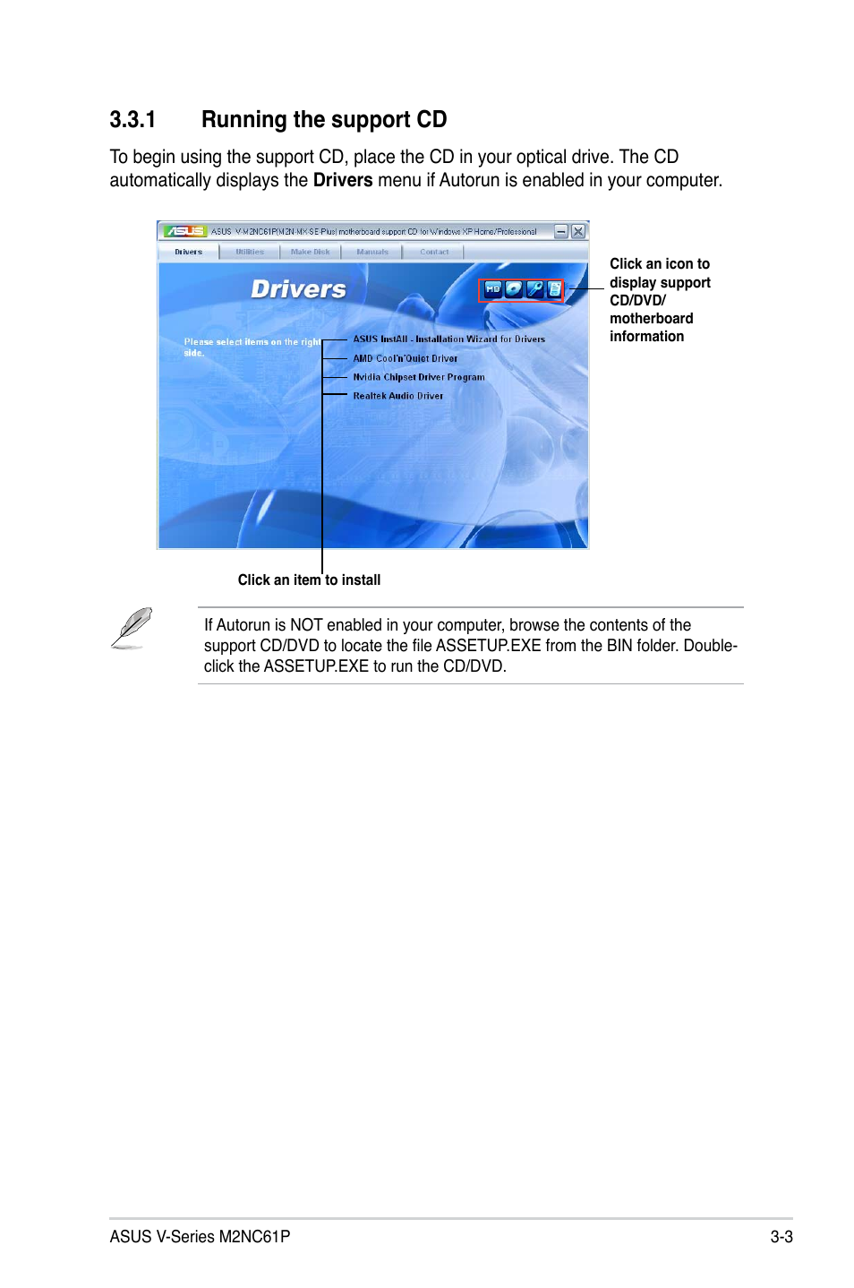 1 running the support cd | Asus V3-M2NC61P User Manual | Page 45 / 104