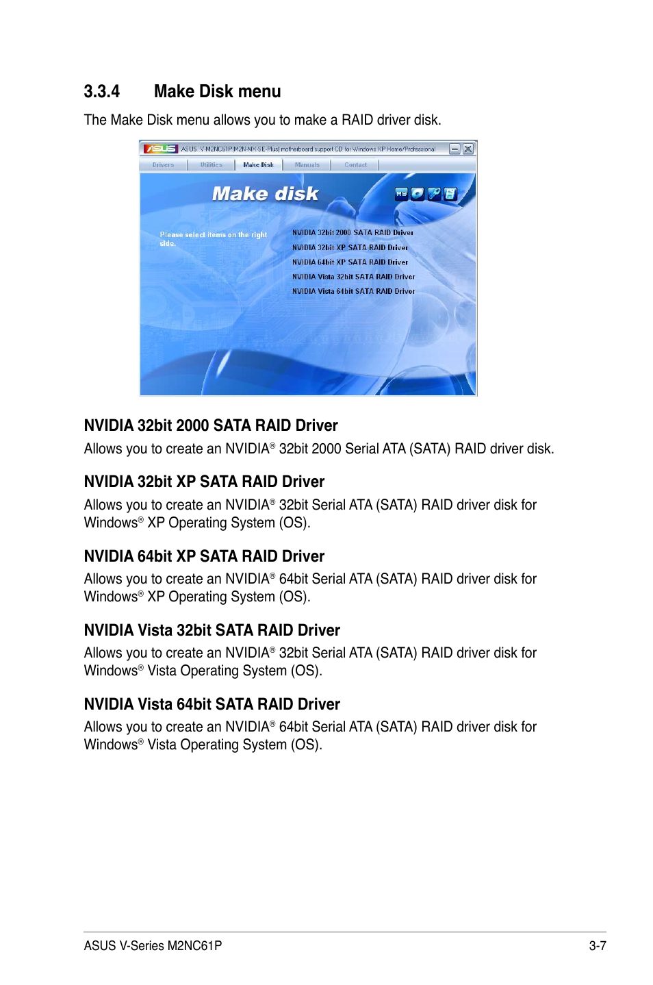 4 make disk menu, Nvidia 32bit xp sata raid driver, Nvidia 64bit xp sata raid driver | Nvidia vista 32bit sata raid driver, Nvidia vista 64bit sata raid driver | Asus V3-M2NC61P User Manual | Page 49 / 104