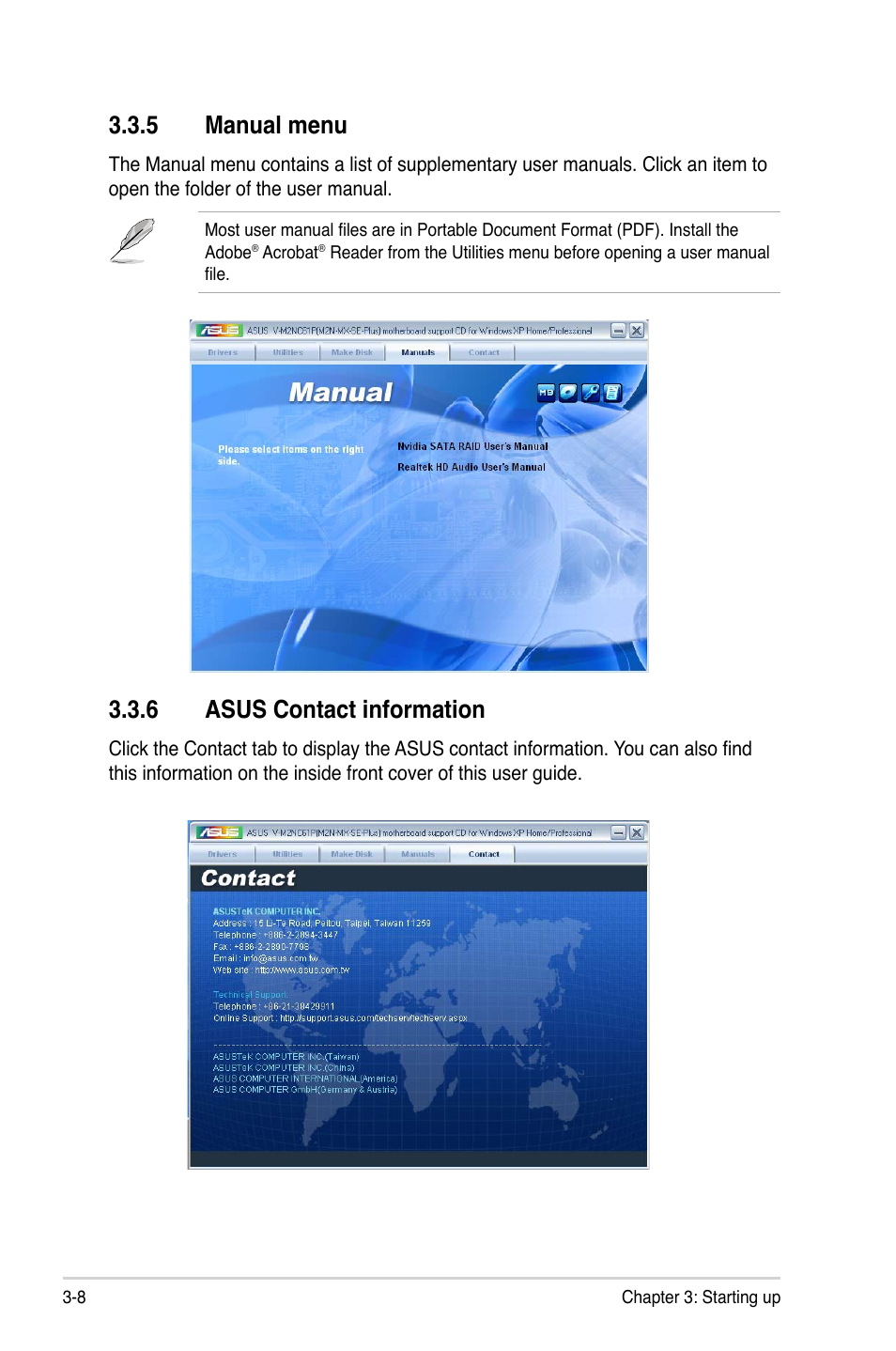 5 manual menu, 6 asus contact information | Asus V3-M2NC61P User Manual | Page 50 / 104