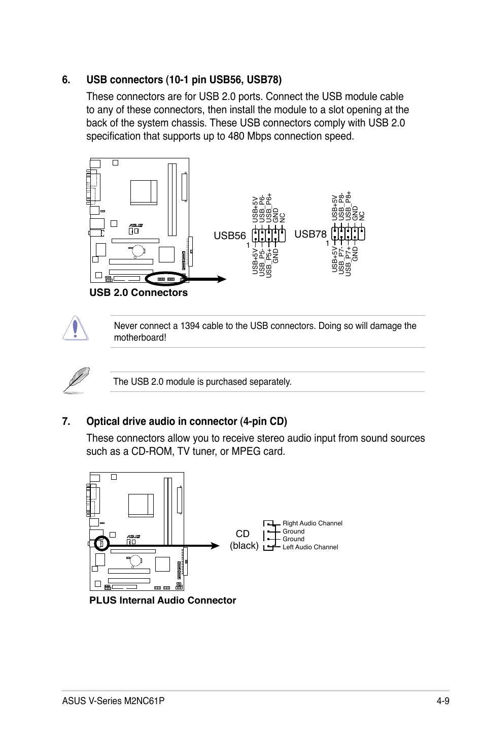 Usb 2.0 connectors usb78, Usb56 | Asus V3-M2NC61P User Manual | Page 65 / 104