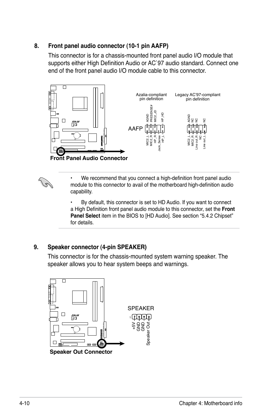 10 chapter 4: motherboard info, Front panel audio connector, Aafp | Speaker out connector speaker | Asus V3-M2NC61P User Manual | Page 66 / 104