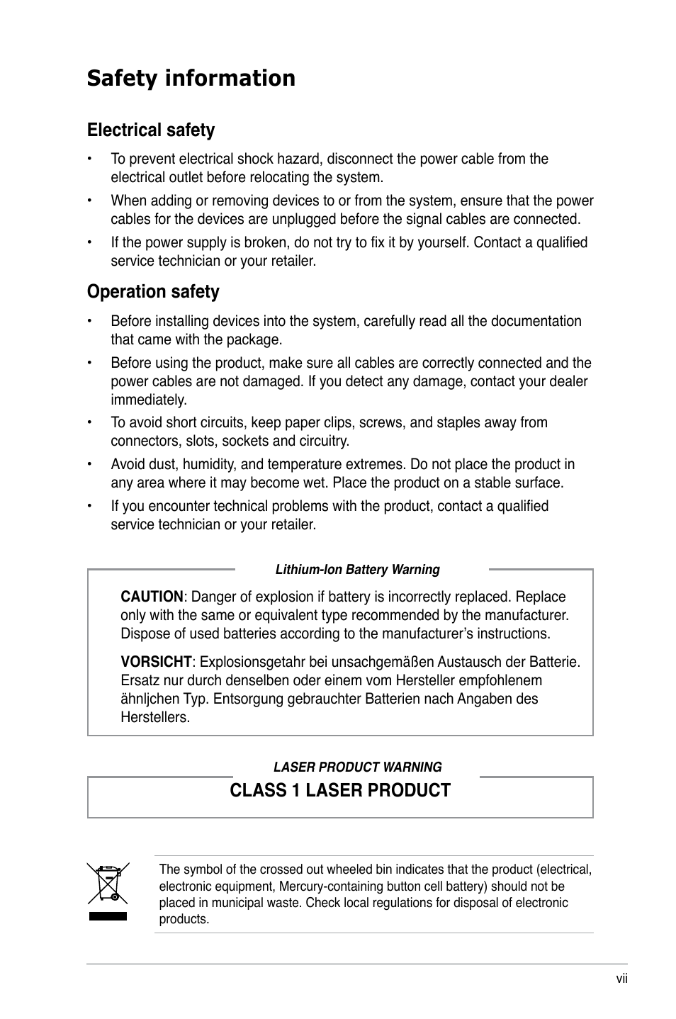 Safety information, Electrical safety, Operation safety | Class 1 laser product | Asus V3-M2NC61P User Manual | Page 7 / 104