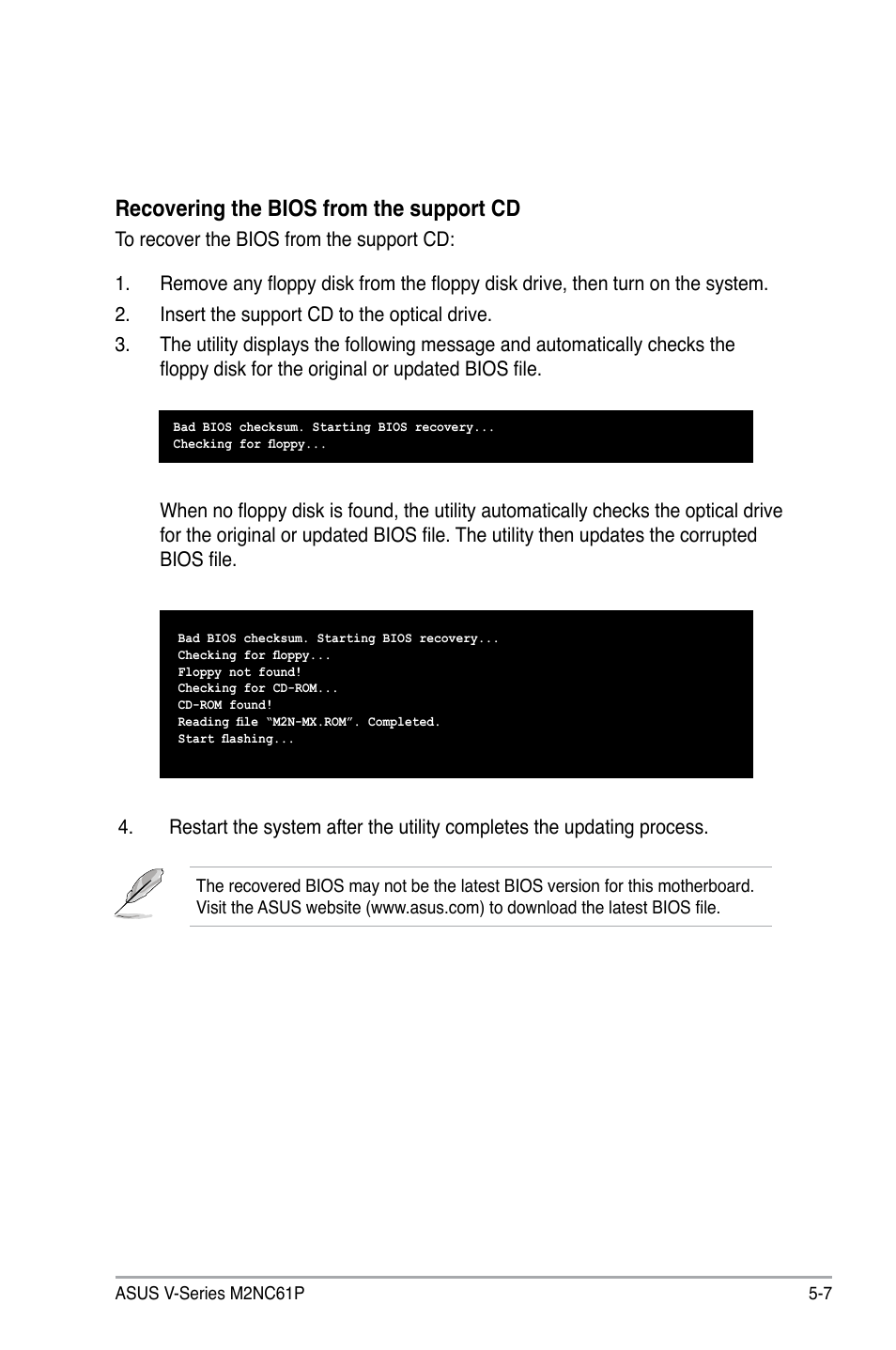 Recovering the bios from the support cd | Asus V3-M2NC61P User Manual | Page 75 / 104