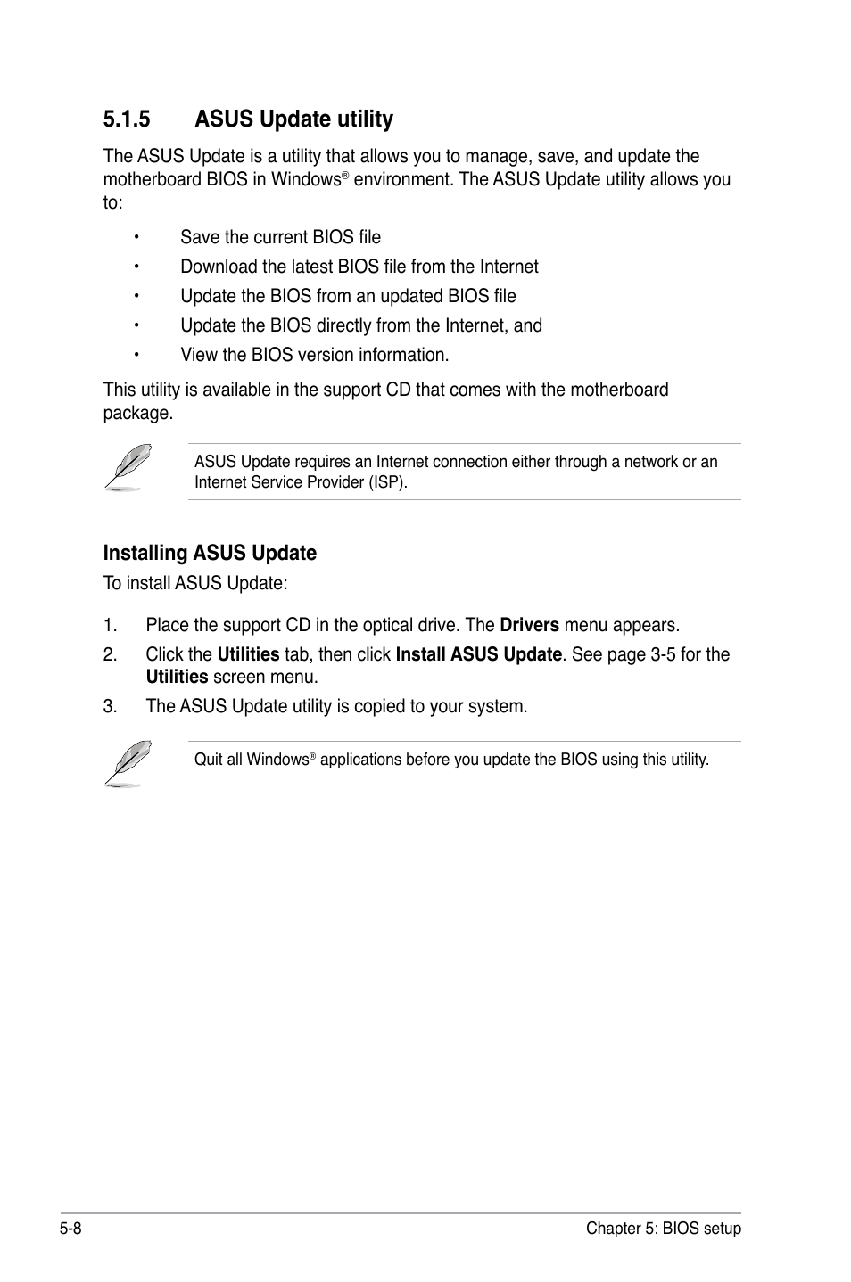 5 asus update utility, Installing asus update | Asus V3-M2NC61P User Manual | Page 76 / 104