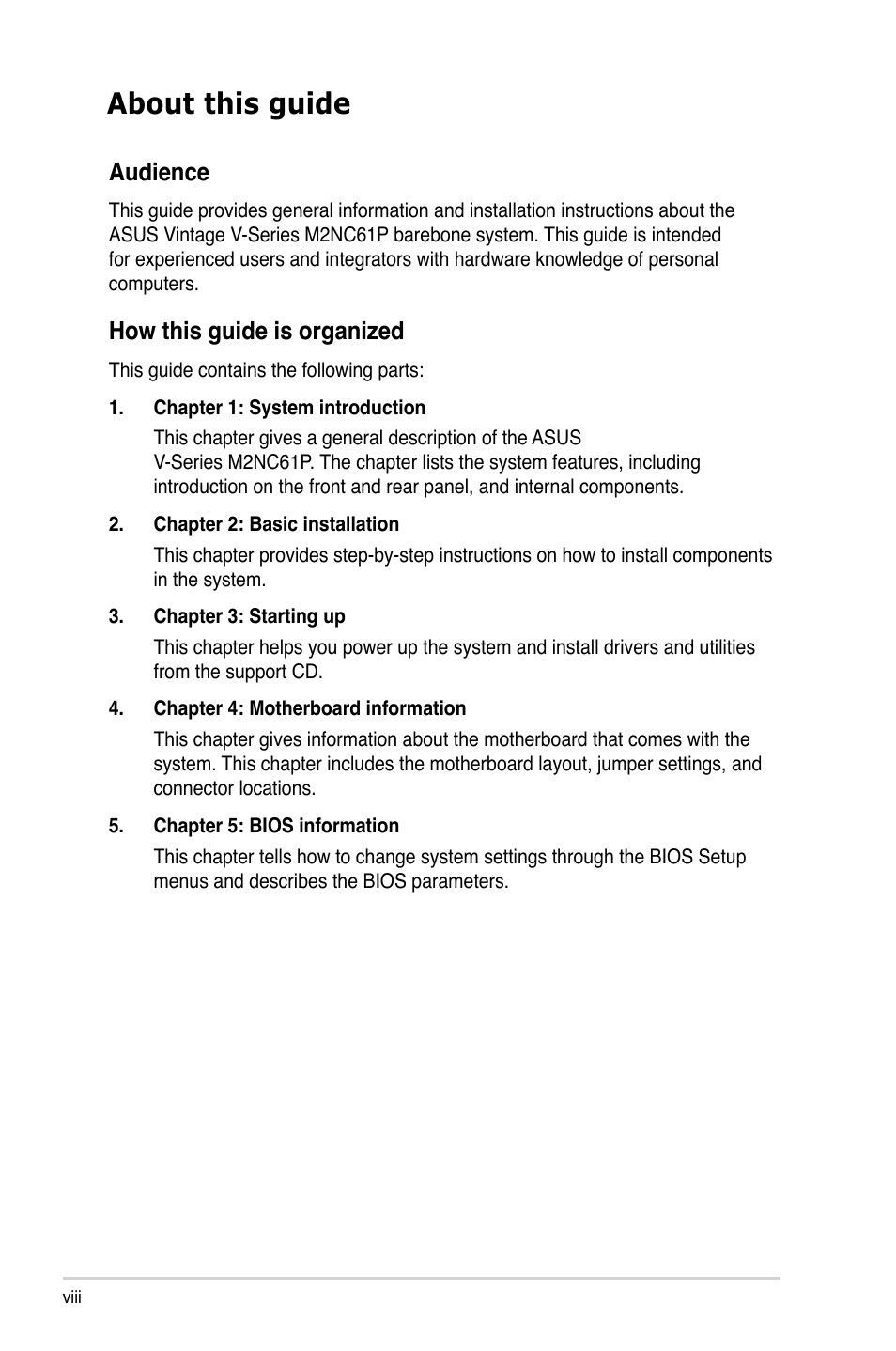 About this guide, Audience, How this guide is organized | Asus V3-M2NC61P User Manual | Page 8 / 104