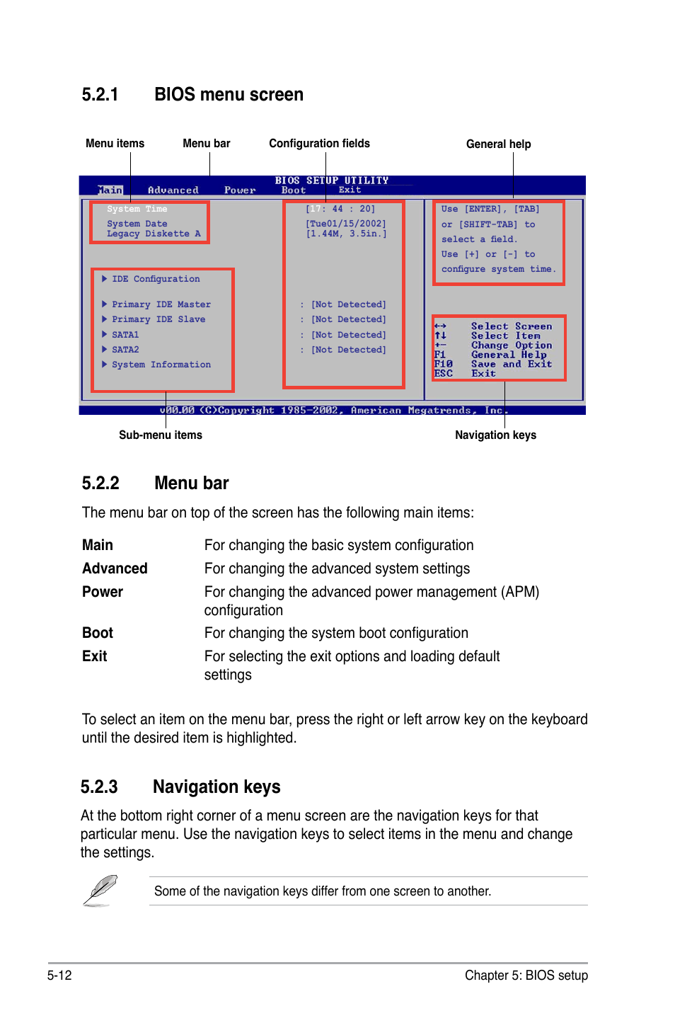 2 menu bar, 1 bios menu screen, 3 navigation keys | Asus V3-M2NC61P User Manual | Page 80 / 104