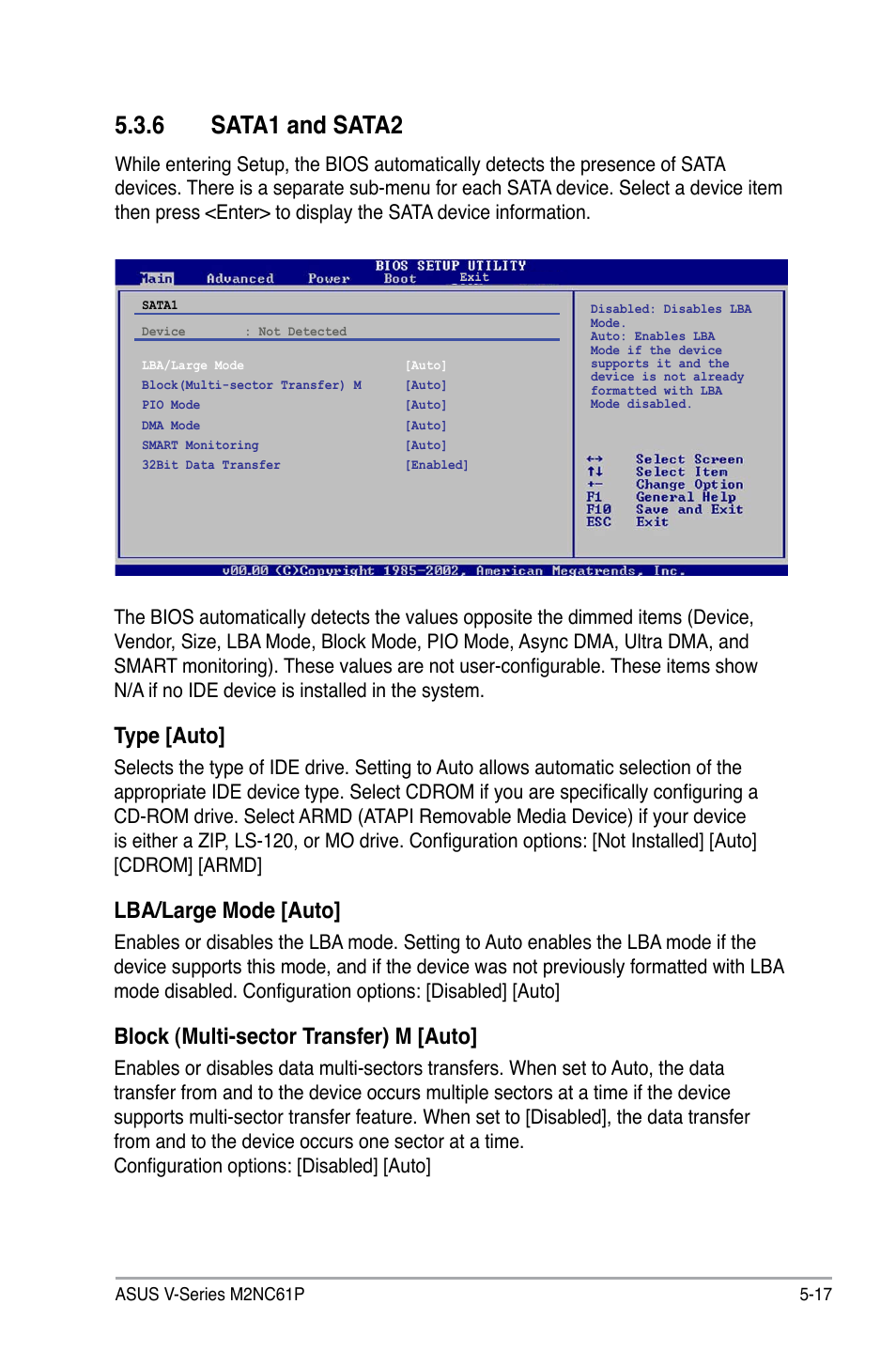 6 sata1 and sata2, Type [auto, Lba/large mode [auto | Block (multi-sector transfer) m [auto | Asus V3-M2NC61P User Manual | Page 85 / 104