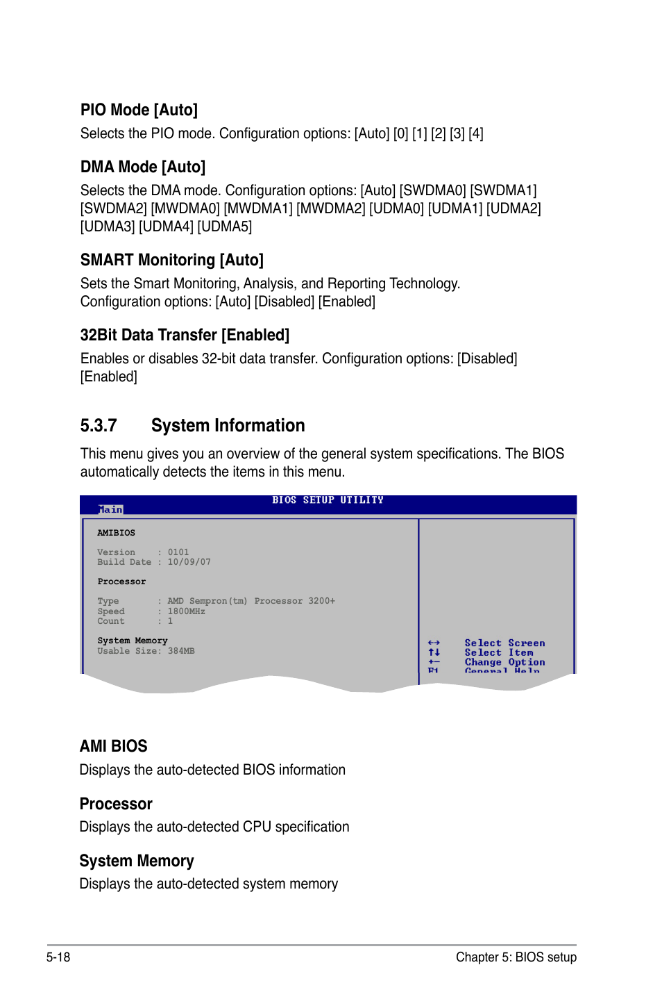 7 system information, Pio mode [auto, Dma mode [auto | Smart monitoring [auto, 32bit data transfer [enabled, Ami bios, Processor | Asus V3-M2NC61P User Manual | Page 86 / 104