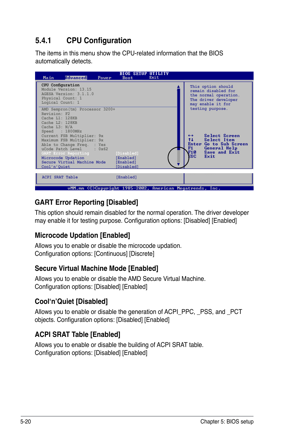 1 cpu configuration, Gart error reporting [disabled, Microcode updation [enabled | Secure virtual machine mode [enabled, Cool‘n’quiet [disabled, Acpi srat table [enabled | Asus V3-M2NC61P User Manual | Page 88 / 104