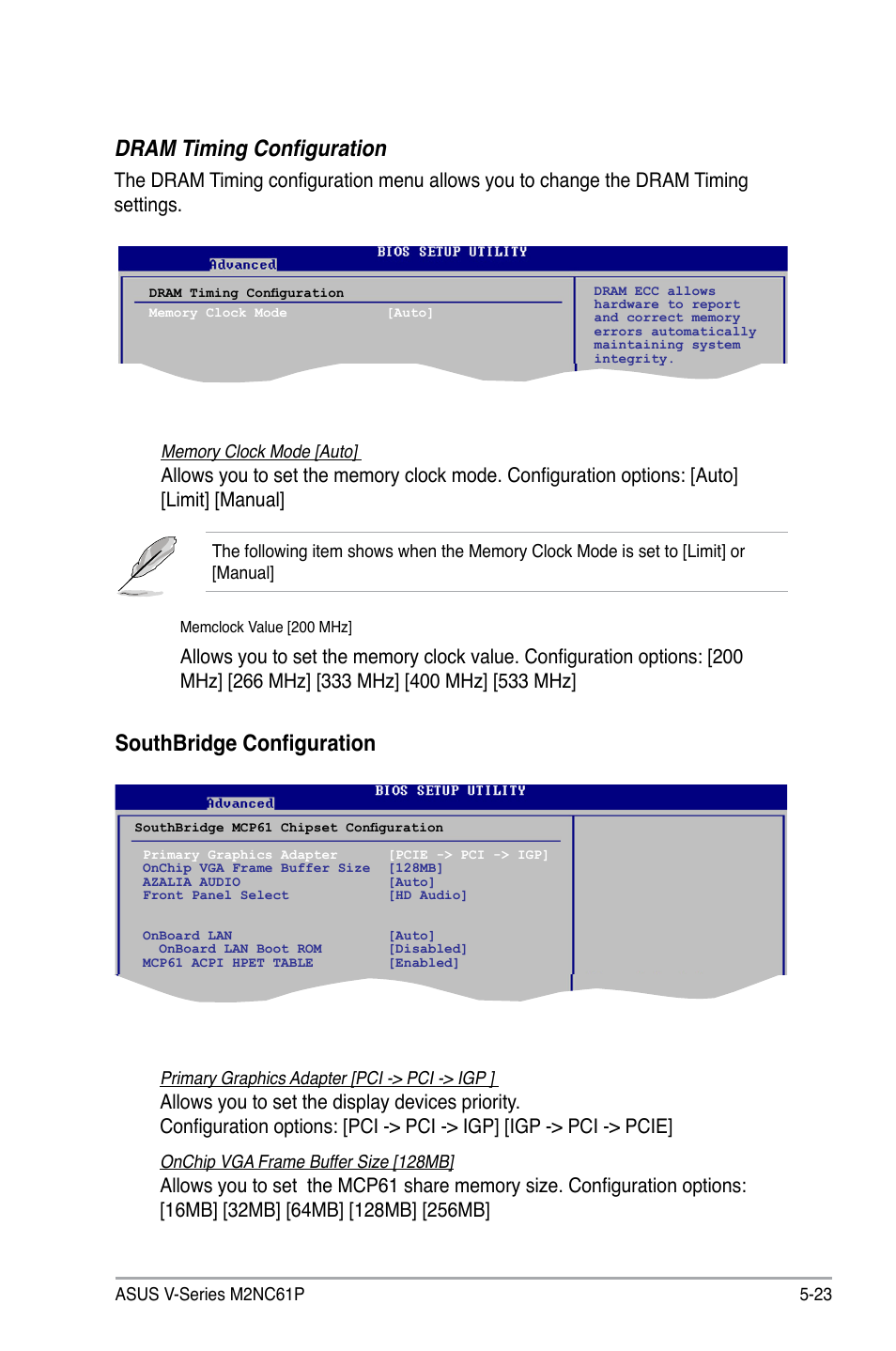 Dram timing configuration, Southbridge configuration | Asus V3-M2NC61P User Manual | Page 91 / 104