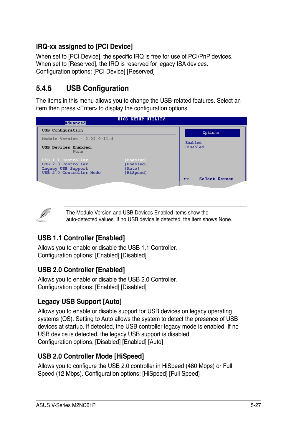 5 usb configuration, Usb 1.1 controller [enabled, Usb 2.0 controller [enabled | Legacy usb support [auto, Usb 2.0 controller mode [hispeed, Irq-xx assigned to [pci device | Asus V3-M2NC61P User Manual | Page 95 / 104