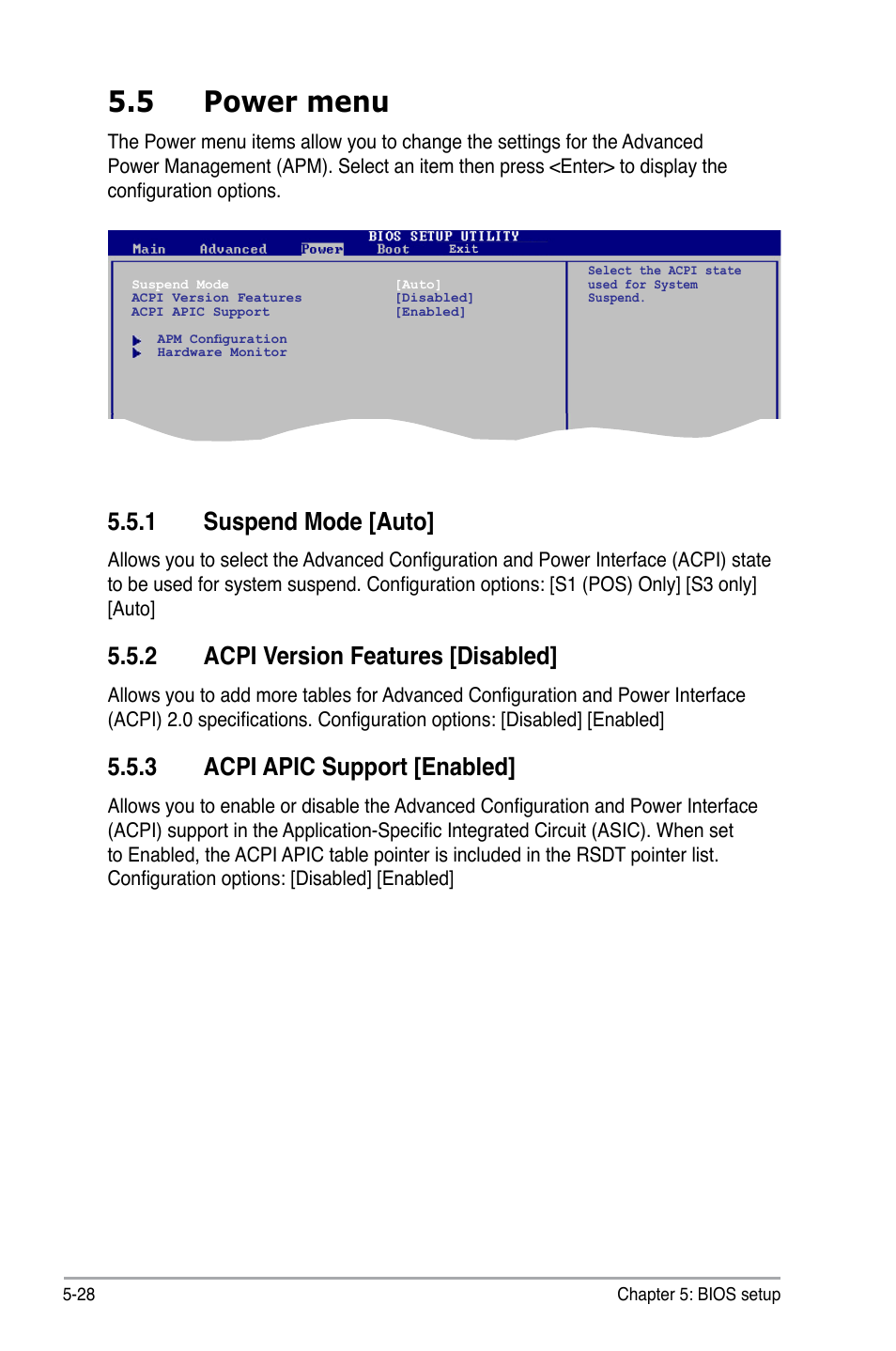 5 power menu, 1 suspend mode [auto, 2 acpi version features [disabled | 3 acpi apic support [enabled | Asus V3-M2NC61P User Manual | Page 96 / 104