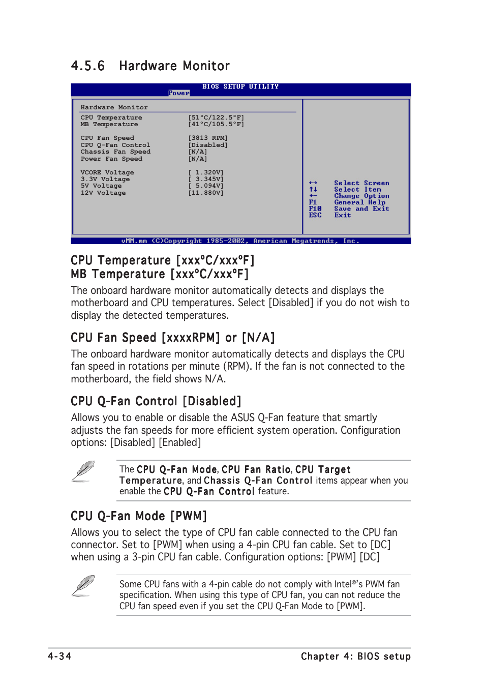 Cpu temperature [xxxºc/xxxºf, Cpu q-fan control [disabled, Cpu q-fan mode [pwm | Asus P5AD2 Deluxe User Manual | Page 100 / 148