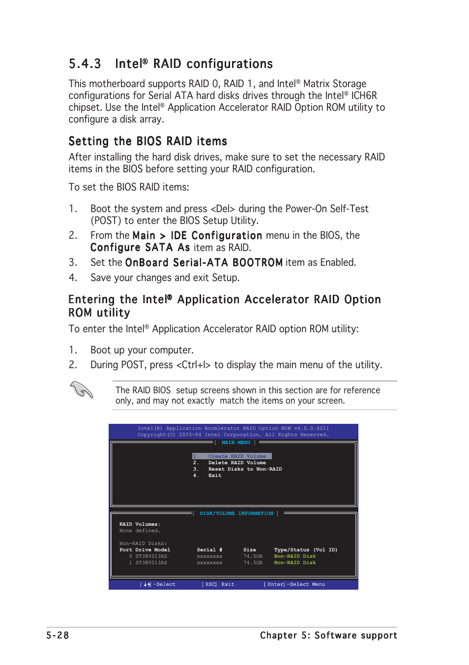 3 intel intel intel intel intel, Raid configurations, Setting the bios raid items | Entering the intel, Application accelerator raid option | Asus P5AD2 Deluxe User Manual | Page 138 / 148