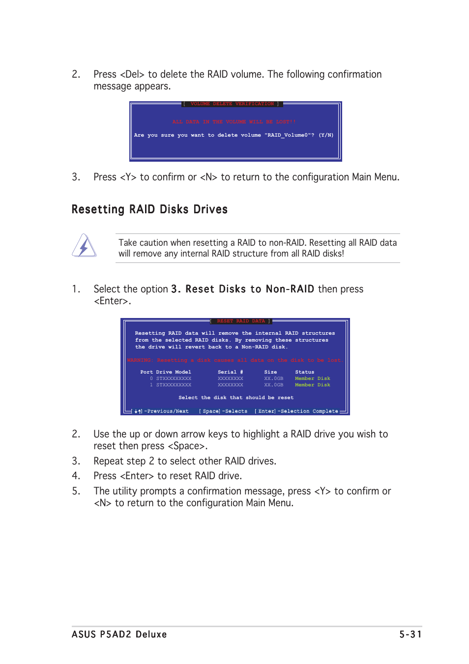 Resetting raid disks drives | Asus P5AD2 Deluxe User Manual | Page 141 / 148