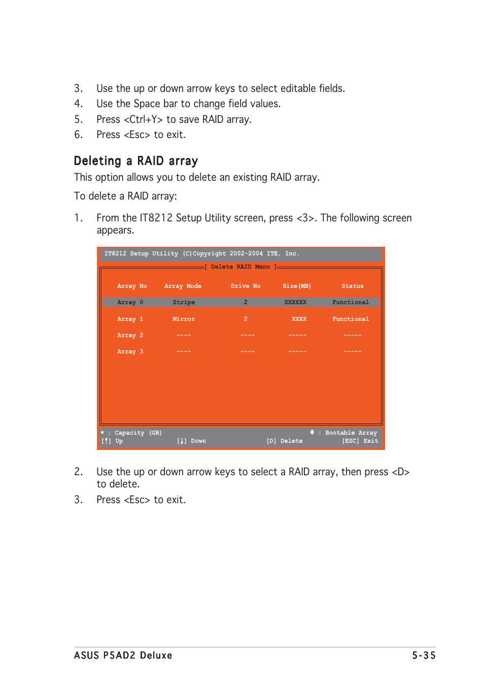 Deleting a raid array | Asus P5AD2 Deluxe User Manual | Page 145 / 148