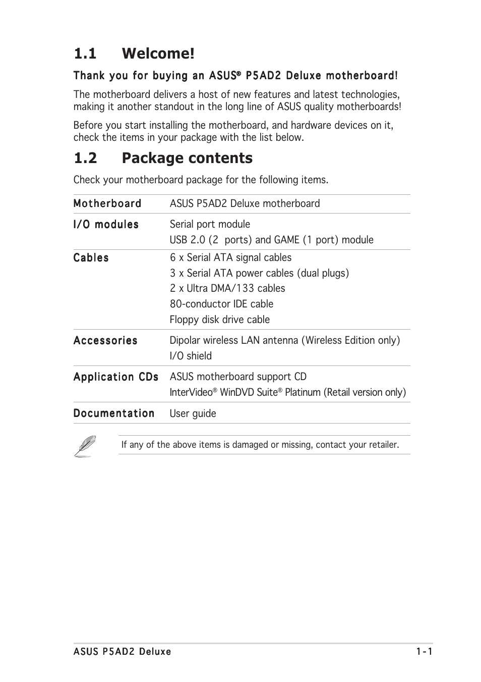 1 welcome, 2 package contents | Asus P5AD2 Deluxe User Manual | Page 15 / 148