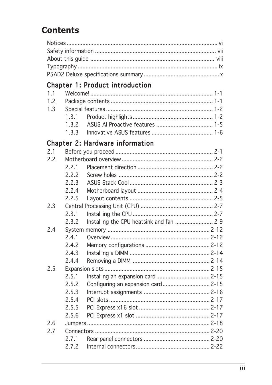 Asus P5AD2 Deluxe User Manual | Page 3 / 148