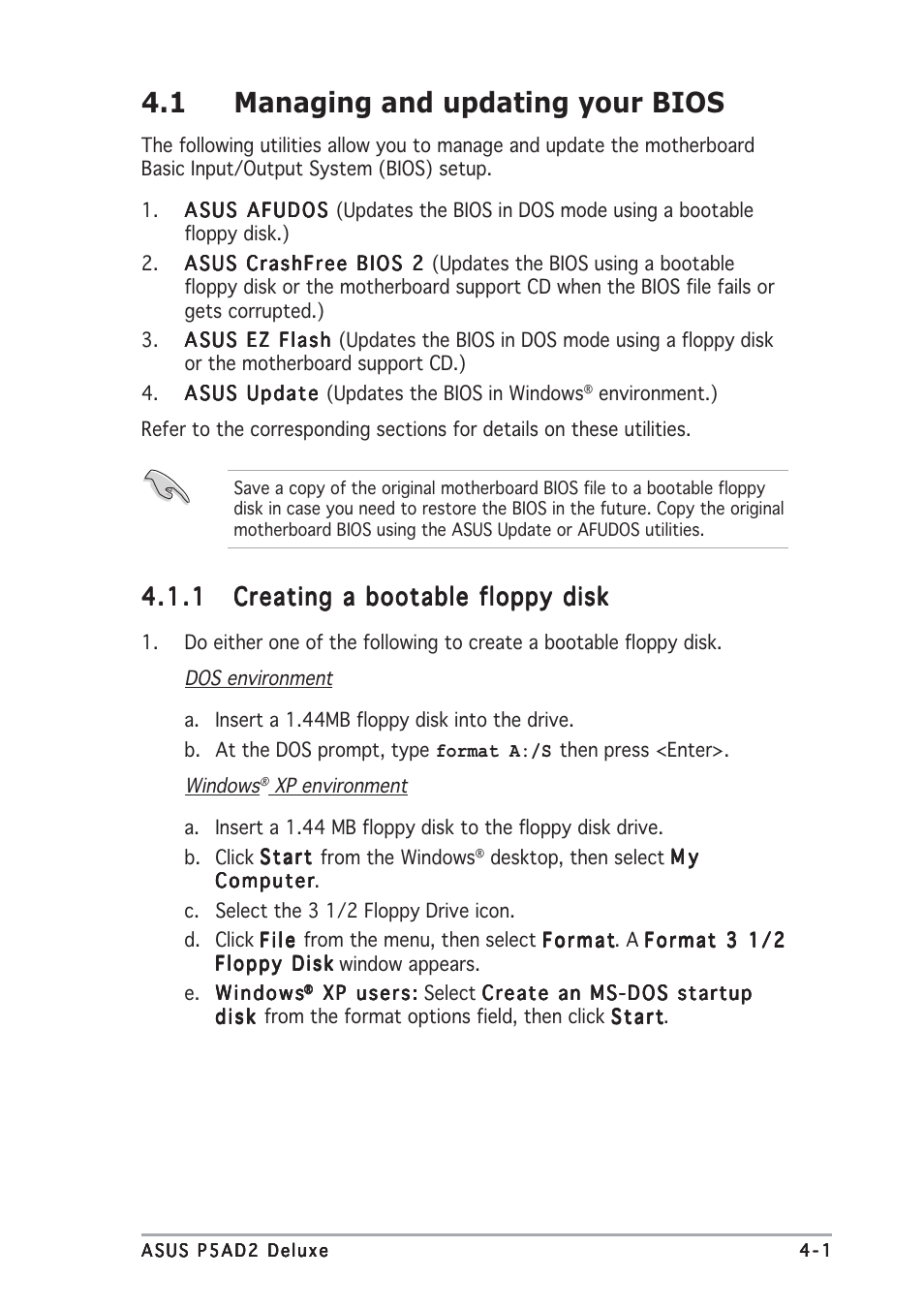 1 managing and updating your bios | Asus P5AD2 Deluxe User Manual | Page 67 / 148