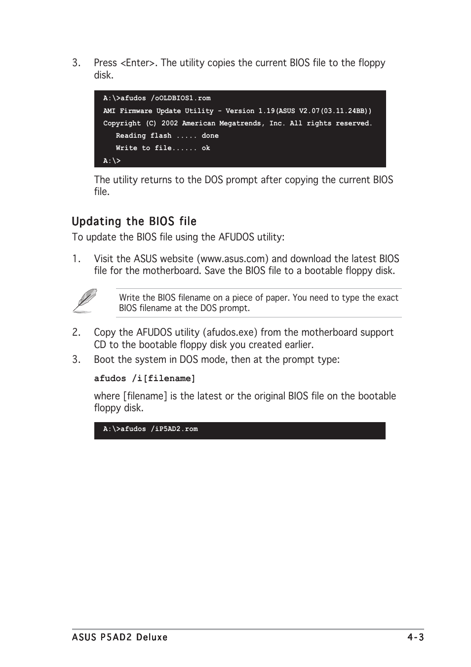 Updating the bios file | Asus P5AD2 Deluxe User Manual | Page 69 / 148