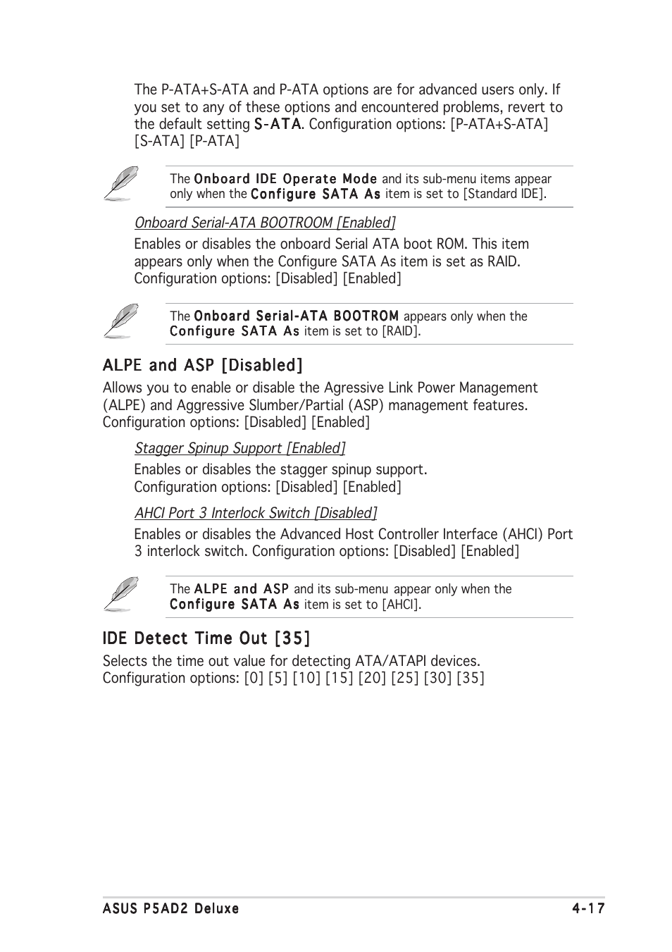 Alpe and asp [disabled, Ide detect time out [35 | Asus P5AD2 Deluxe User Manual | Page 83 / 148