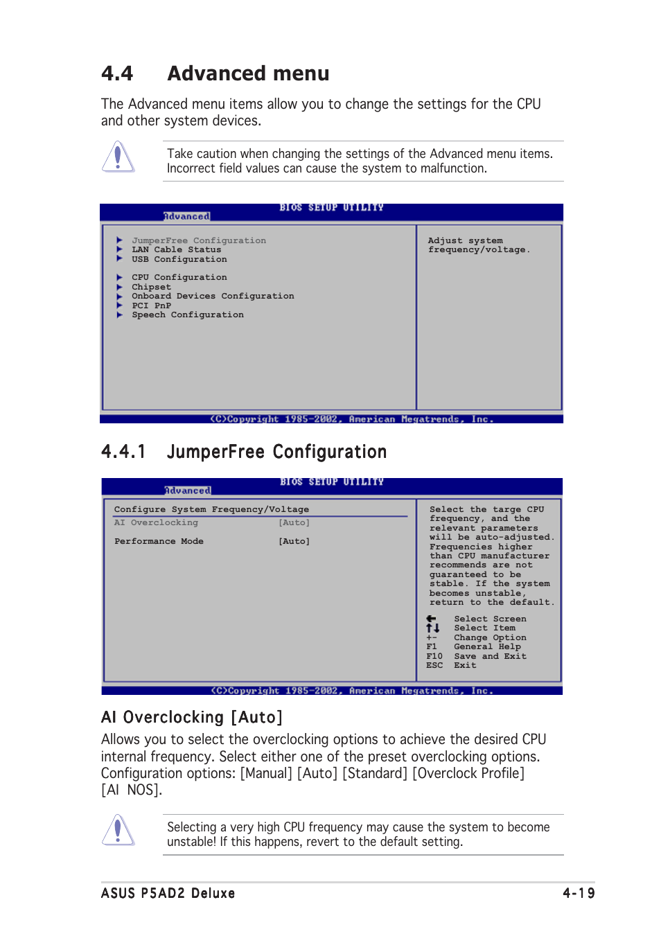 4 advanced menu | Asus P5AD2 Deluxe User Manual | Page 85 / 148