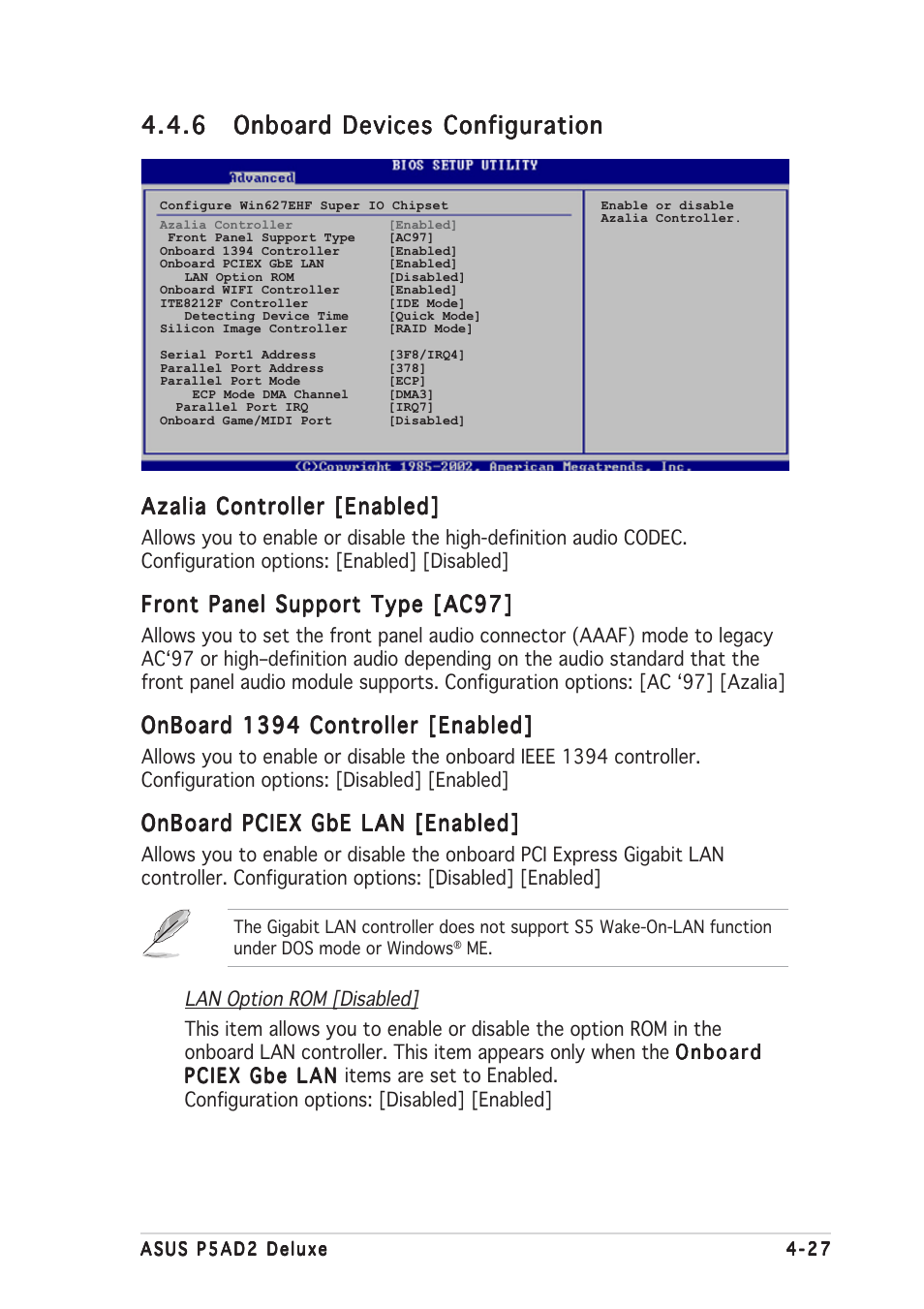 Azalia controller [enabled, Front panel support type [ac97, Onboard 1394 controller [enabled | Onboard pciex gbe lan [enabled | Asus P5AD2 Deluxe User Manual | Page 93 / 148