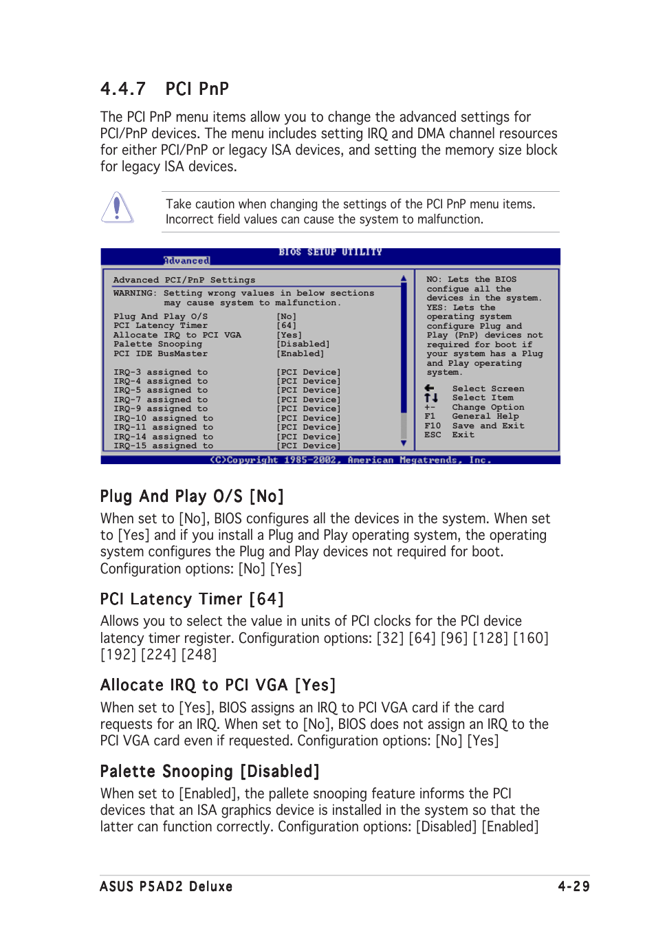 7 pci pnp pci pnp pci pnp pci pnp pci pnp, Plug and play o/s [no, Pci latency timer [64 | Allocate irq to pci vga [yes, Palette snooping [disabled | Asus P5AD2 Deluxe User Manual | Page 95 / 148