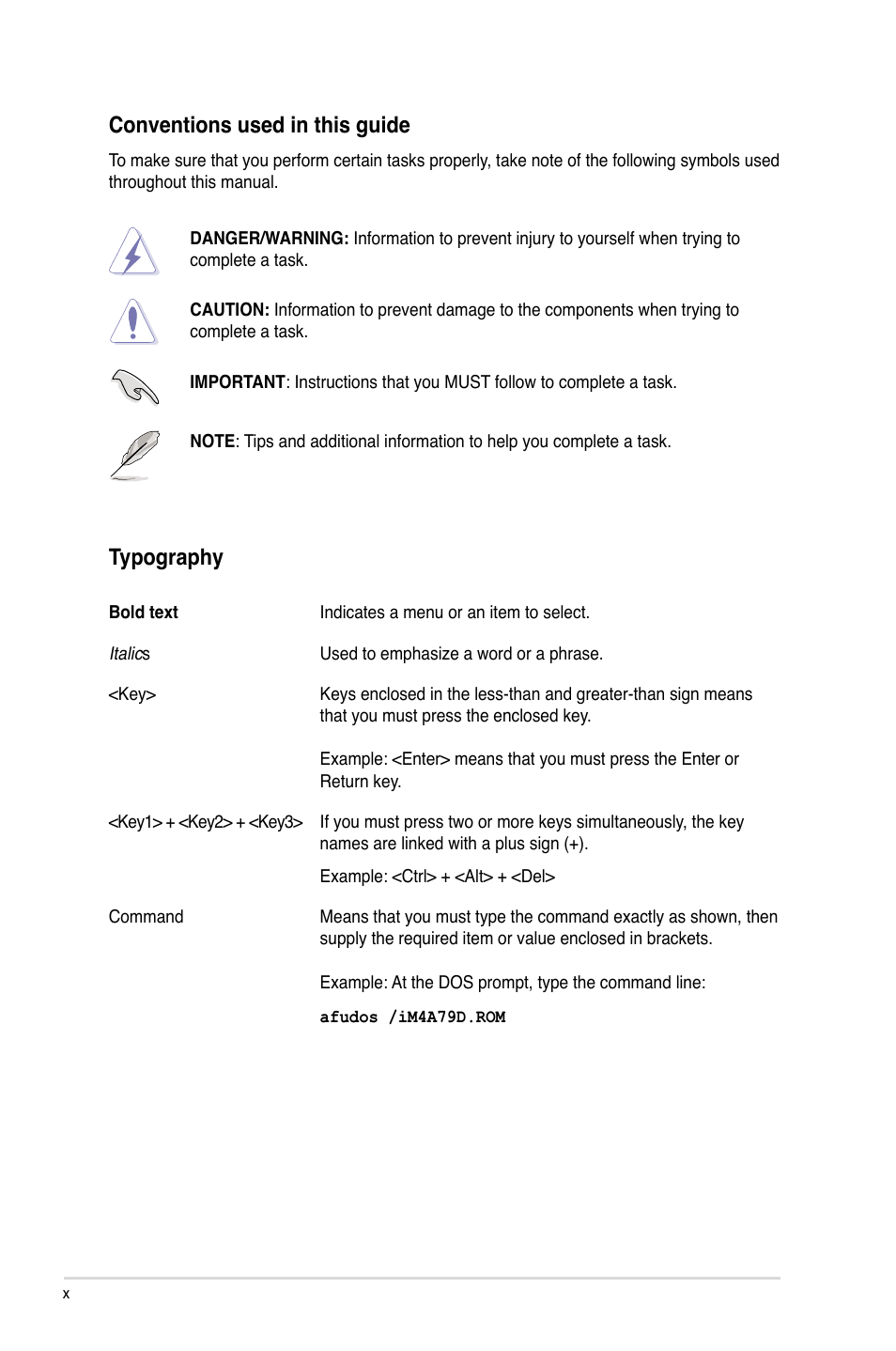 Conventions used in this guide, Typography | Asus M4A79 Deluxe User Manual | Page 10 / 122