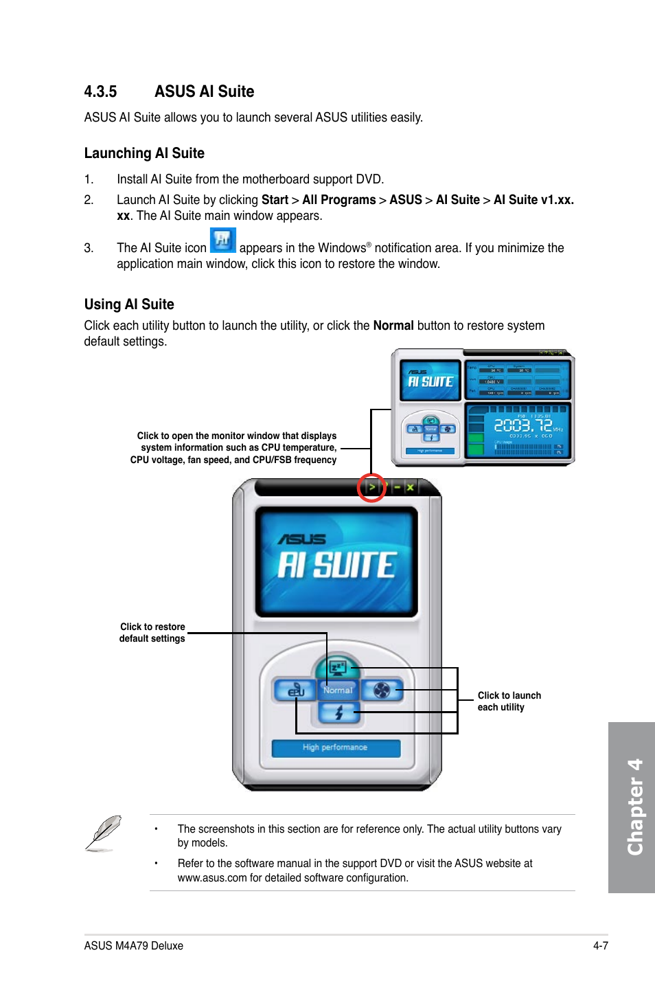 5 asus ai suite, Asus ai suite -7, Chapter 4 | Asus M4A79 Deluxe User Manual | Page 103 / 122