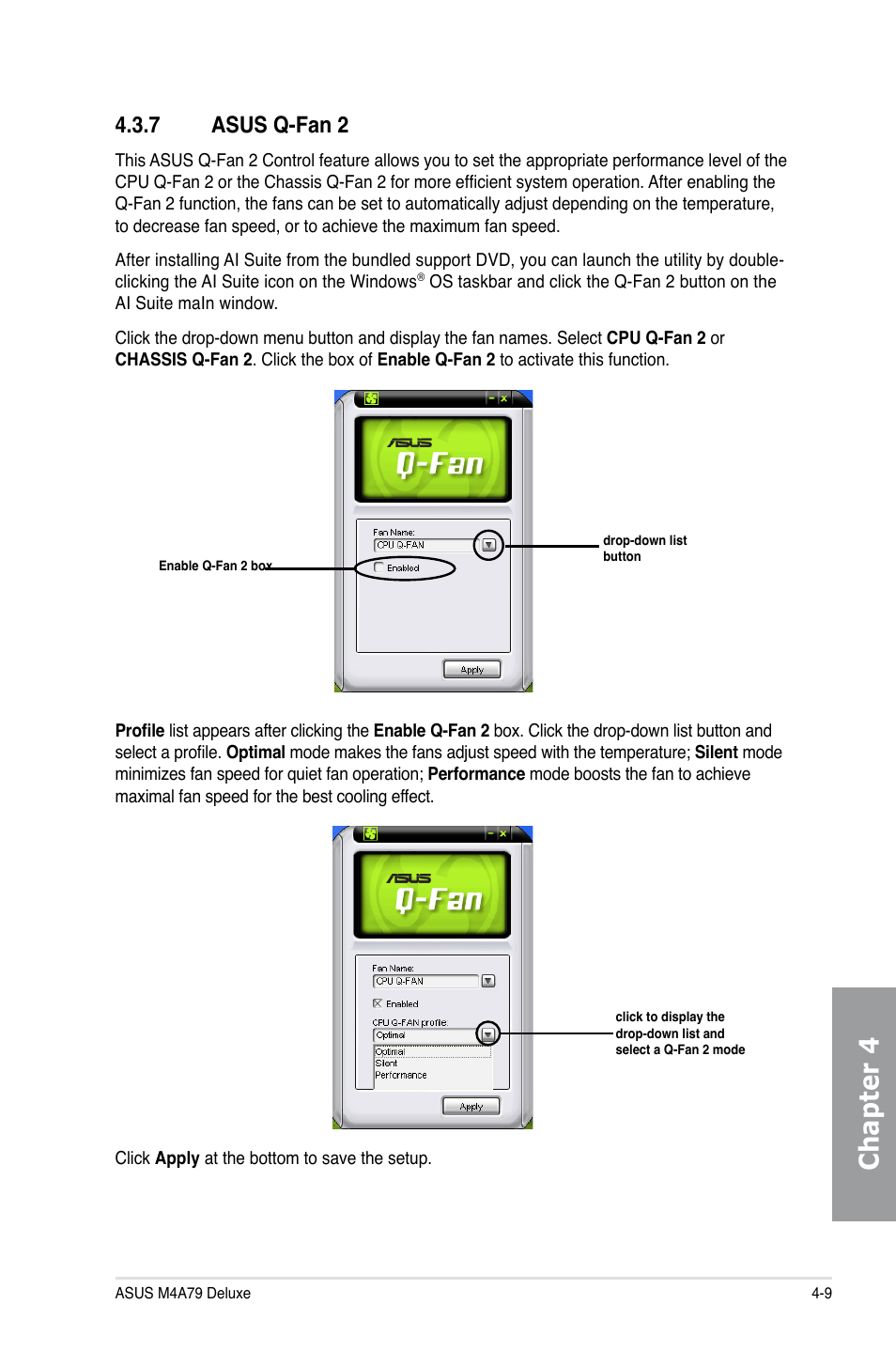 7 asus q-fan 2, Asus q-fan 2 -9, Chapter 4 | Asus M4A79 Deluxe User Manual | Page 105 / 122