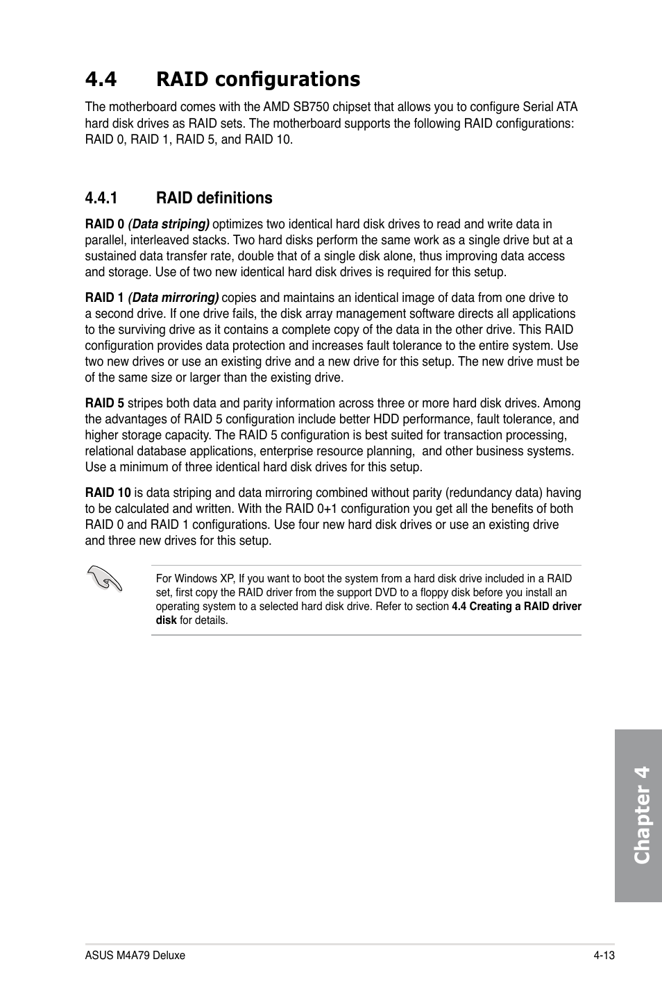 4 raid configurations, 1 raid definitions, Raid configurations -13 4.4.1 | Raid definitions -13, Chapter 4 4.4 raid configurations | Asus M4A79 Deluxe User Manual | Page 109 / 122