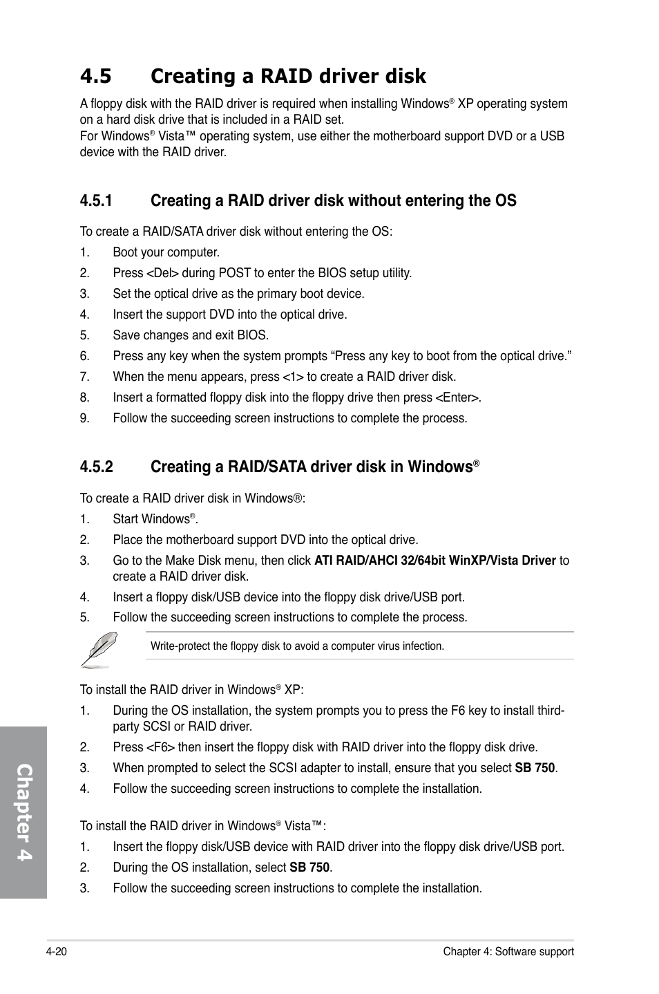 5 creating a raid driver disk, 2 creating a raid/sata driver disk in windows, Creating a raid driver disk -20 4.5.1 | Creating a raid/sata driver disk in windows, Chapter 4 4.5 creating a raid driver disk | Asus M4A79 Deluxe User Manual | Page 116 / 122