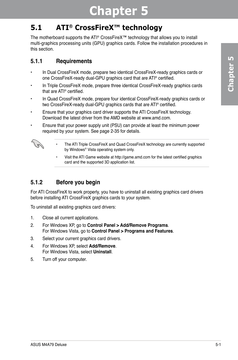 Chapter 5: ati® crossfirex™ technology support, 1 ati® crossfirex™ technology, 1 requirements | 2 before you begin, Chapter 5, Crossfirex™ technology support, Crossfirex™ technology -1, Requirements -1, Before you begin -1, Chapter 5 5.1 ati | Asus M4A79 Deluxe User Manual | Page 117 / 122