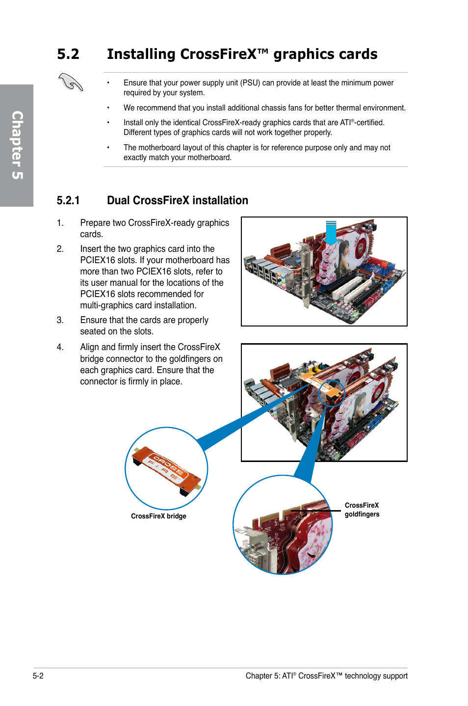 2 installing crossfirex™ graphics cards, 1 dual crossfirex installation, Installing crossfirex™ graphics cards -2 5.2.1 | Dual crossfirex installation -2, Chapter 5 | Asus M4A79 Deluxe User Manual | Page 118 / 122