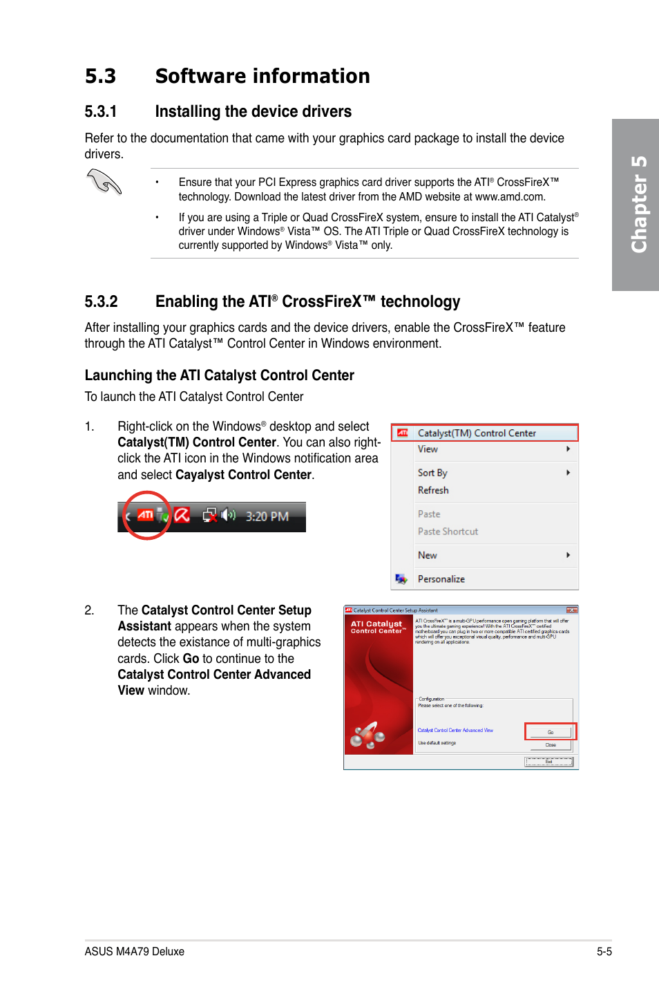 3 software information, 1 installing the device drivers, 2 enabling the ati® crossfirex™ technology | Software information -5 5.3.1, Installing the device drivers -5, Enabling the ati, Crossfirex™ technology -5, Chapter 5 5.3 software information, 2 enabling the ati, Crossfirex™ technology | Asus M4A79 Deluxe User Manual | Page 121 / 122